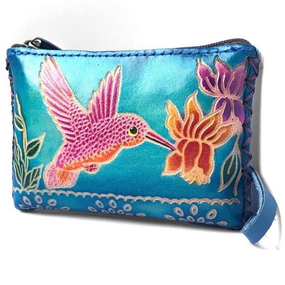 1 LEFT! Genuine Leather Handmade Handcrafted Hummingbird Wristlet Pouch - Picture 2 of 4